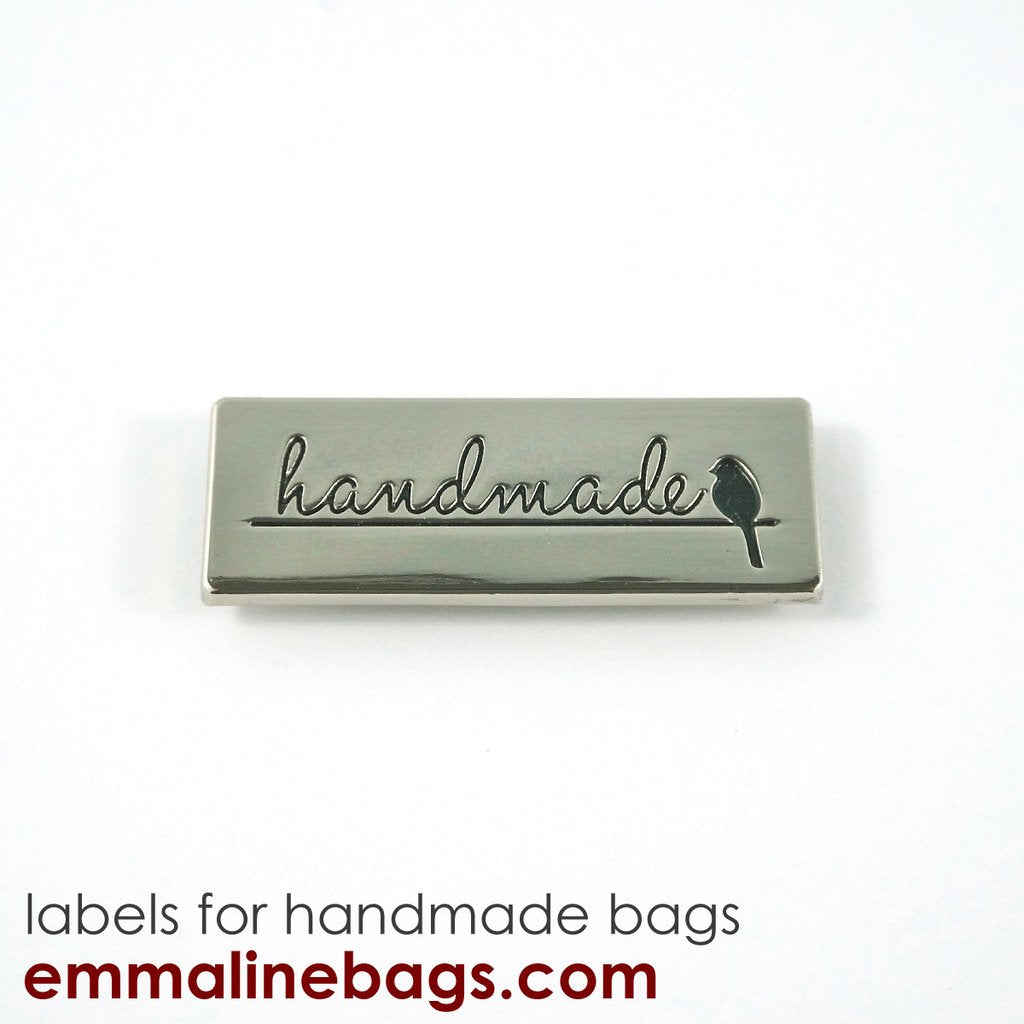 Rectangular Metal Bag Label - "handmade with bird" - Nickel Finish