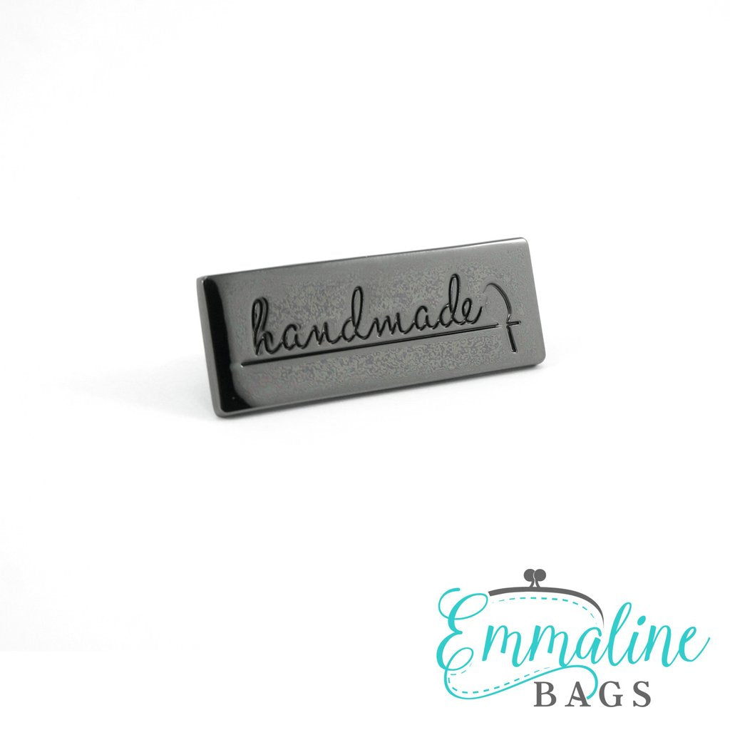 Rectangular Metal Bag Label - "handmade with bird" - Gunmetal Finish