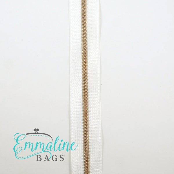 Emmaline Zippers-By-The-Yard - SIZE#3 - 10 yards - White with Rose Gold Coil