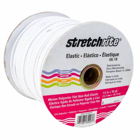 Woven Polyester Flat Non-Roll Elastic - 1/2"wide - White - (price per meter) - SS1101WHT
