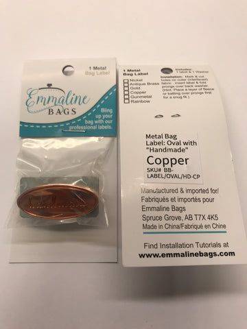 Oval Metal Bag Label "handmade - Copper Finish with washer